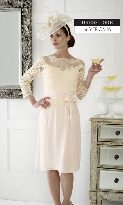 DressCode-DC192-Apricot-wedding-guest-dress-special-occasion-lace-chiffon-floaty-three-quarter-length-sleeves-sash